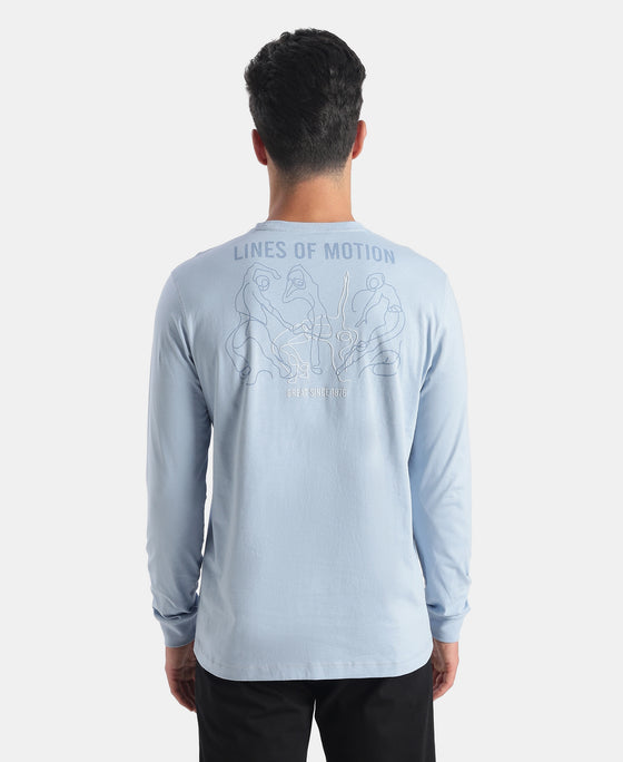 Super Combed Cotton Rich Graphic Printed Round Neck Full Sleeve T-Shirt - Soft Chambray