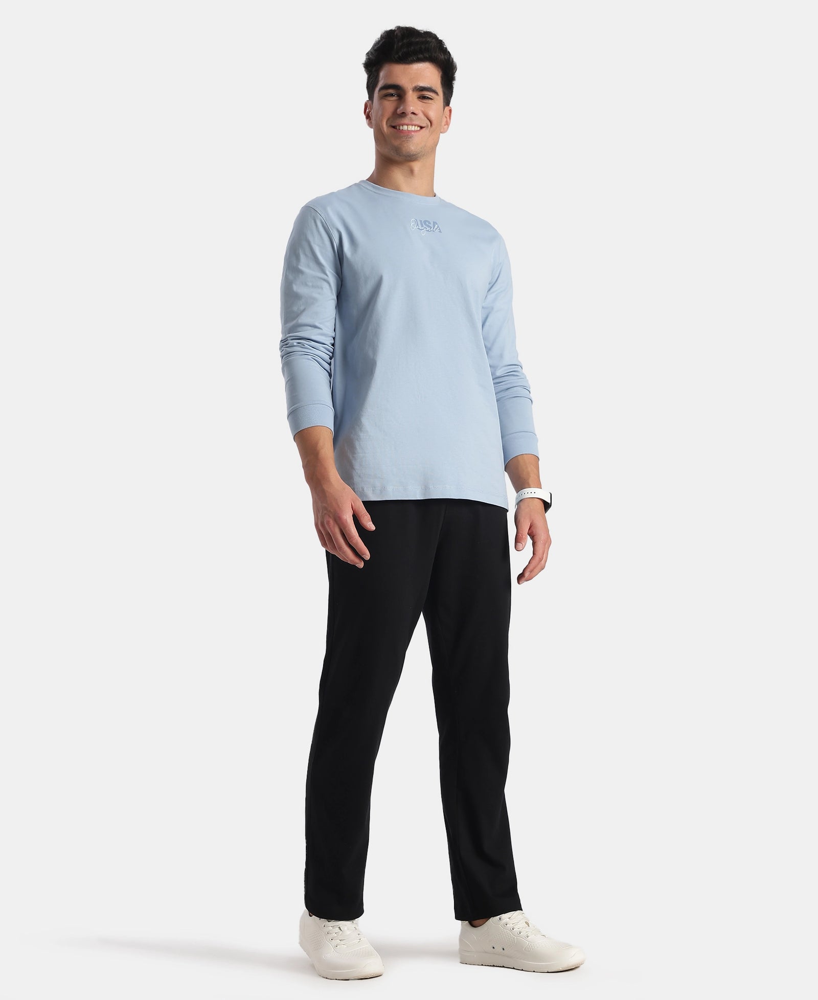 Super Combed Cotton Rich Graphic Printed Round Neck Full Sleeve T-Shirt - Soft Chambray