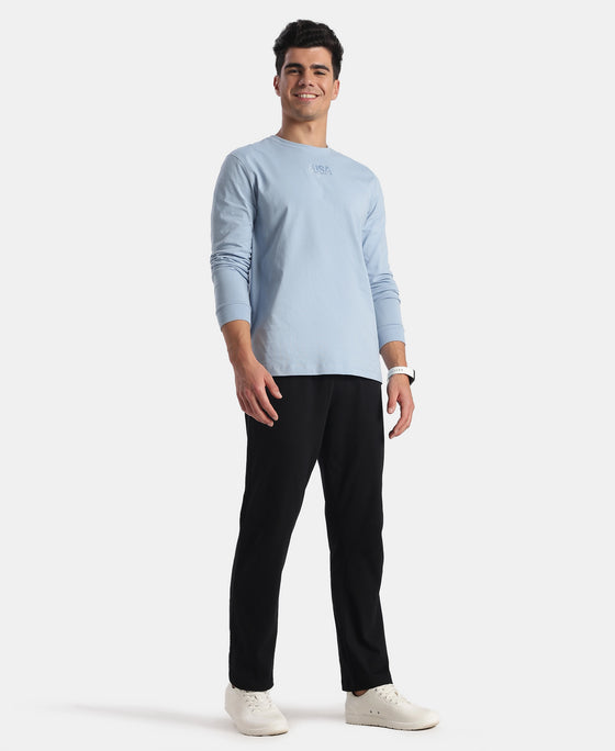 Super Combed Cotton Rich Graphic Printed Round Neck Full Sleeve T-Shirt - Soft Chambray