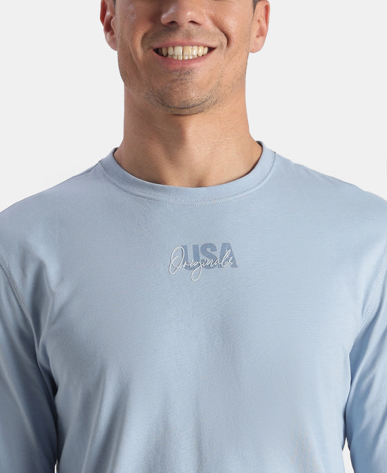 Super Combed Cotton Rich Graphic Printed Round Neck Full Sleeve T-Shirt - Soft Chambray