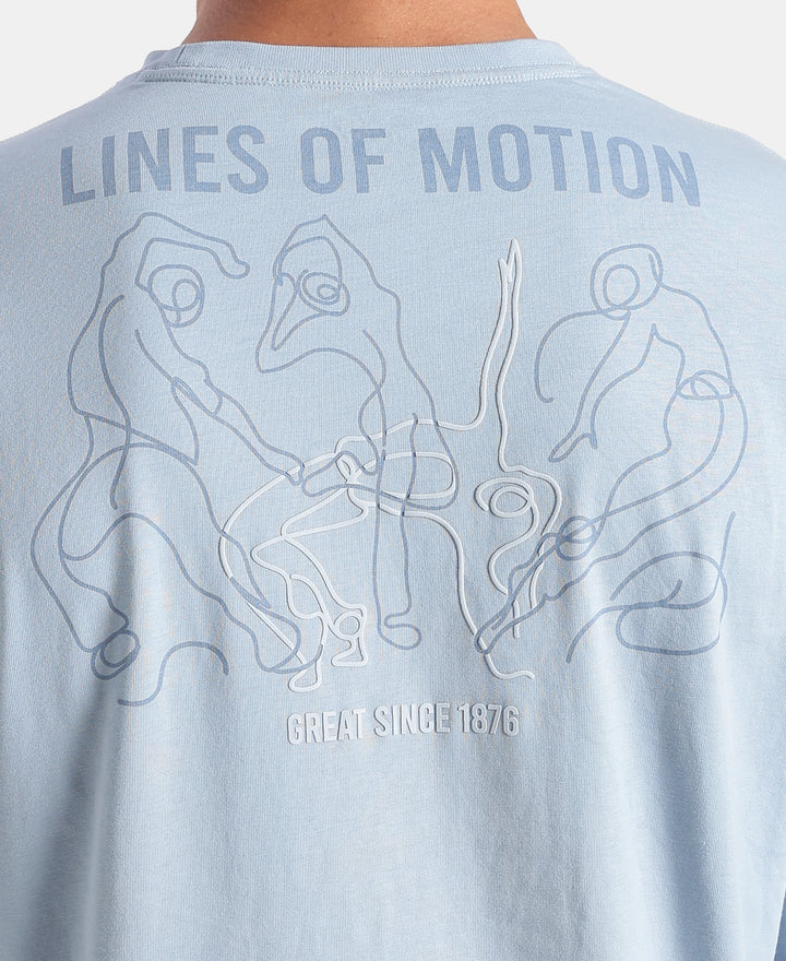 Super Combed Cotton Rich Graphic Printed Round Neck Full Sleeve T-Shirt - Soft Chambray