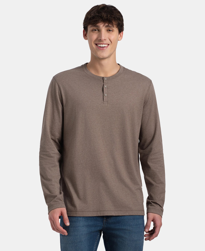 Super Combed Cotton Rich Solid Full Sleeve Henley T-Shirt - Dark Khaki Melange