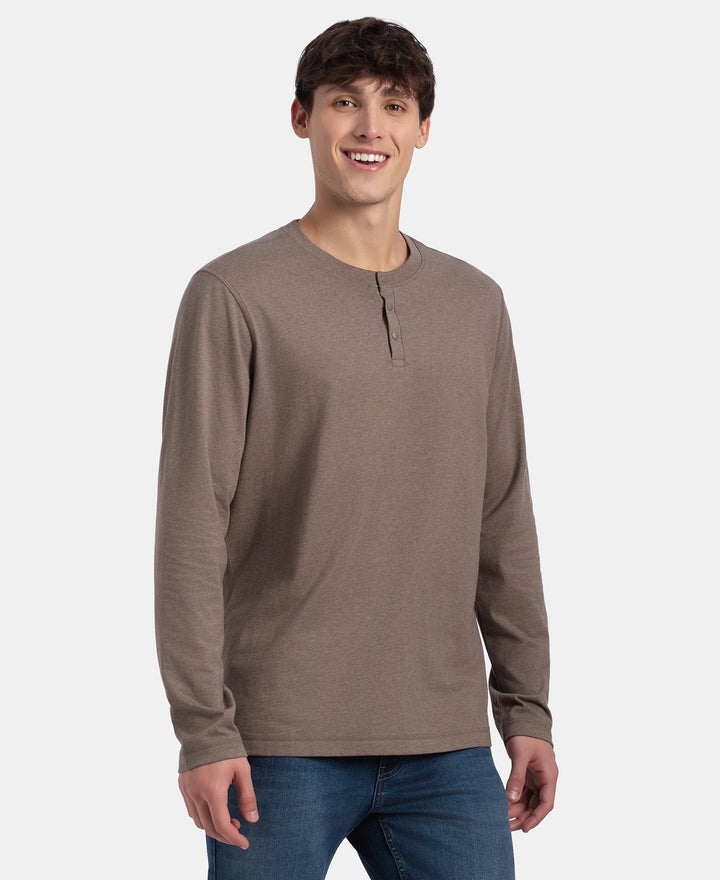 Super Combed Cotton Rich Solid Full Sleeve Henley T-Shirt - Dark Khaki Melange