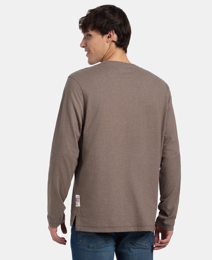 Super Combed Cotton Rich Solid Full Sleeve Henley T-Shirt - Dark Khaki Melange