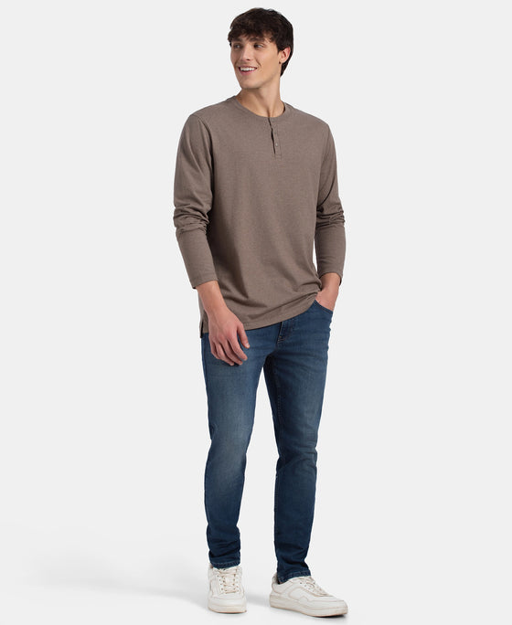 Super Combed Cotton Rich Solid Full Sleeve Henley T-Shirt - Dark Khaki Melange