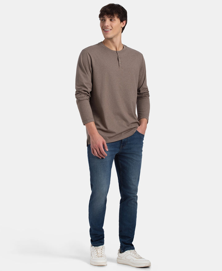 Super Combed Cotton Rich Solid Full Sleeve Henley T-Shirt - Dark Khaki Melange