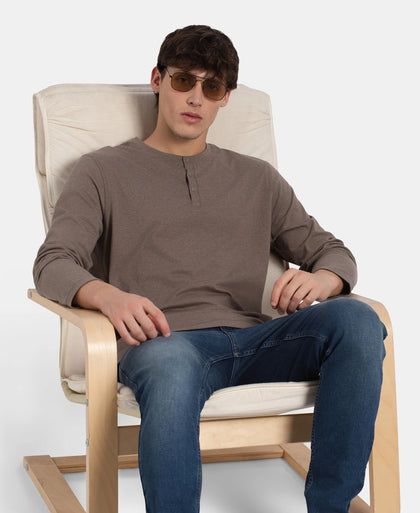 Super Combed Cotton Rich Solid Full Sleeve Henley T-Shirt - Dark Khaki Melange