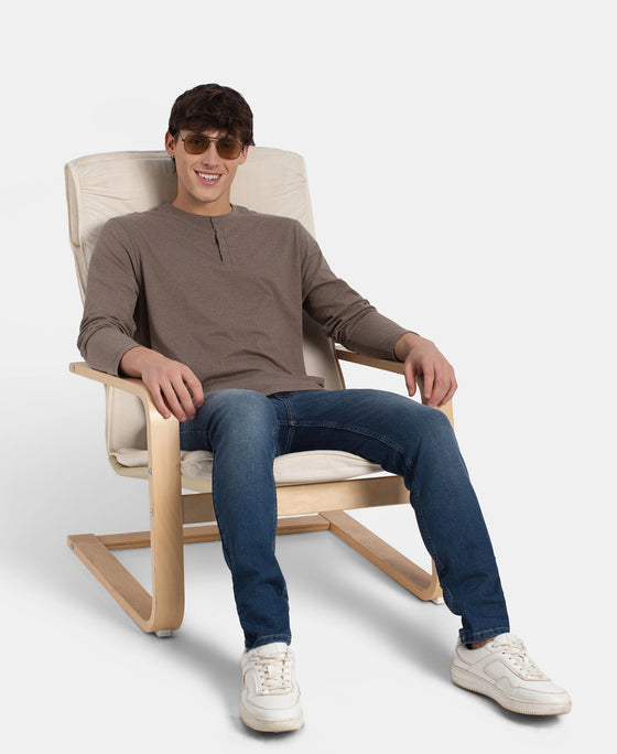 Super Combed Cotton Rich Solid Full Sleeve Henley T-Shirt - Dark Khaki Melange