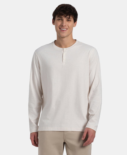 Super Combed Cotton Rich Solid Full Sleeve Henley T-Shirt - Ecru Melange