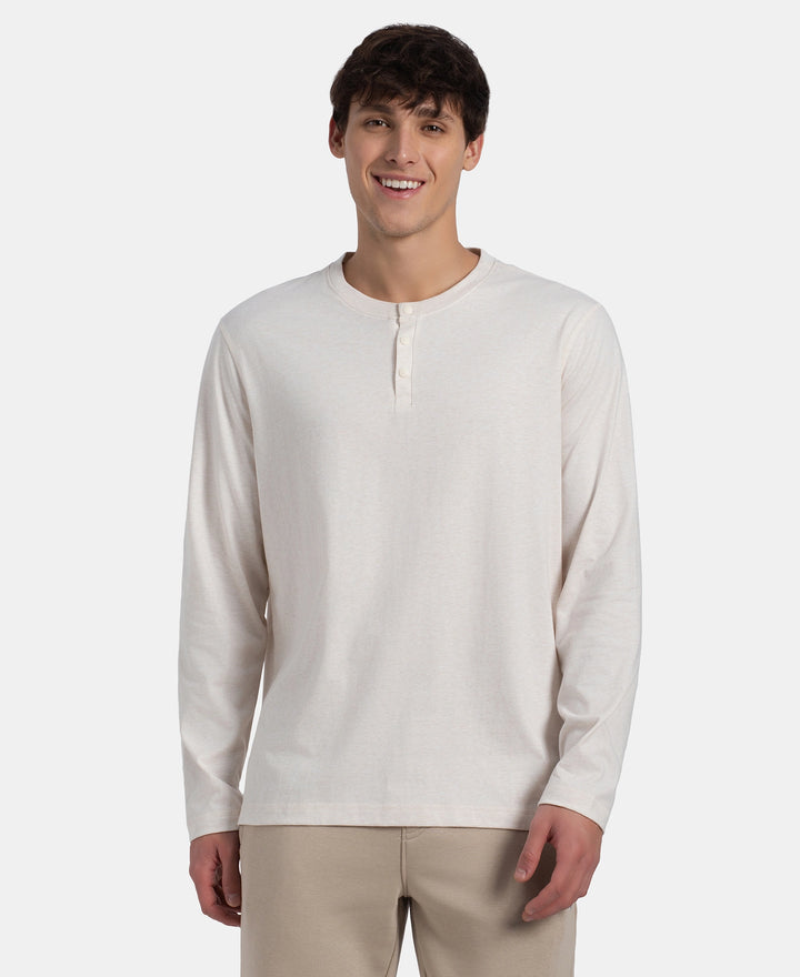 Super Combed Cotton Rich Solid Full Sleeve Henley T-Shirt - Ecru Melange