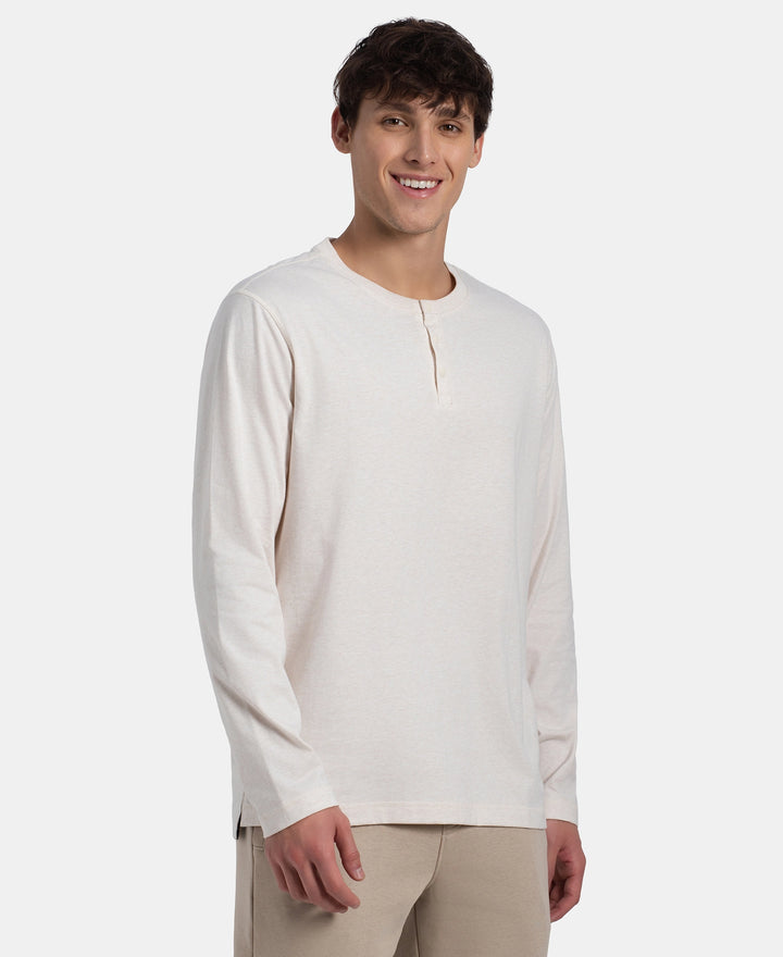 Super Combed Cotton Rich Solid Full Sleeve Henley T-Shirt - Ecru Melange