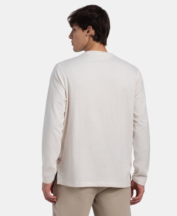 Super Combed Cotton Rich Solid Full Sleeve Henley T-Shirt - Ecru Melange