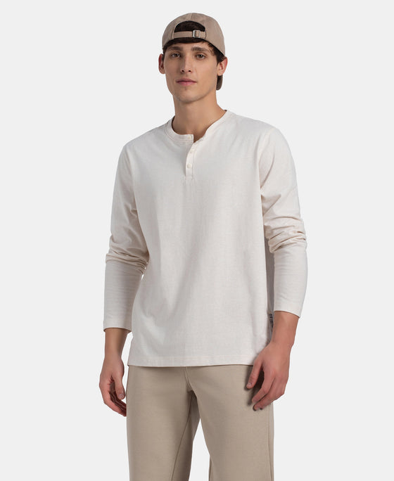 Super Combed Cotton Rich Solid Full Sleeve Henley T-Shirt - Ecru Melange