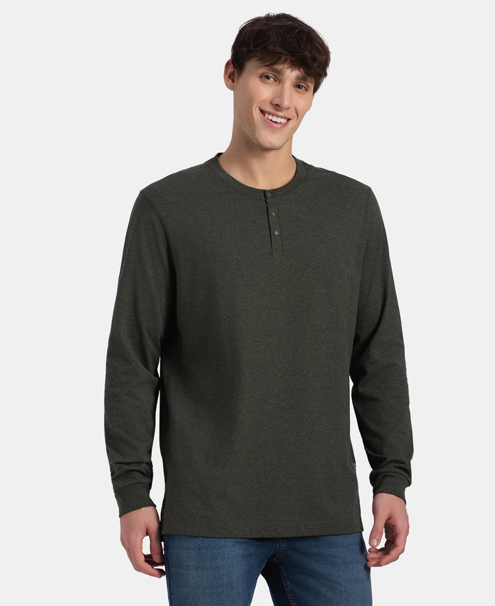 Super Combed Cotton Rich Solid Full Sleeve Henley T-Shirt - Olive Melange
