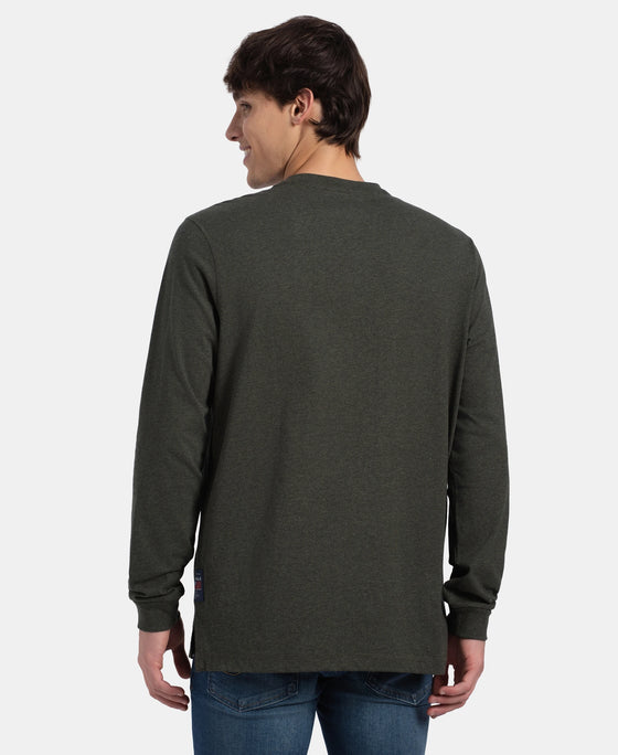 Super Combed Cotton Rich Solid Full Sleeve Henley T-Shirt - Olive Melange