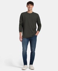 Super Combed Cotton Rich Solid Full Sleeve Henley T-Shirt - Olive Melange