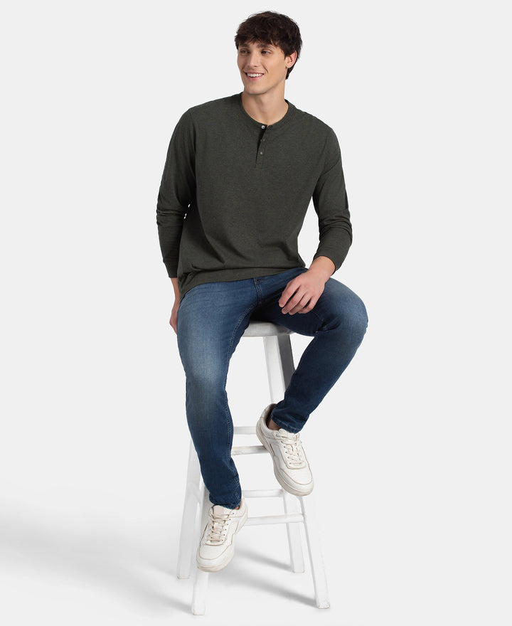 Super Combed Cotton Rich Solid Full Sleeve Henley T-Shirt - Olive Melange
