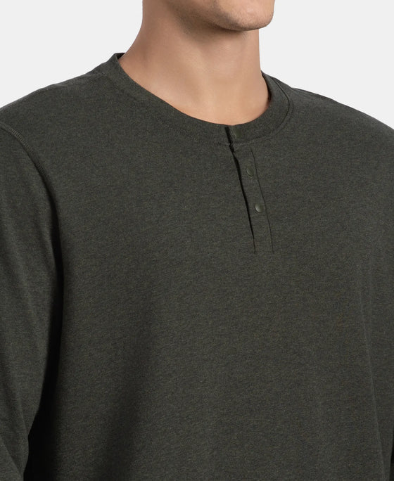 Super Combed Cotton Rich Solid Full Sleeve Henley T-Shirt - Olive Melange