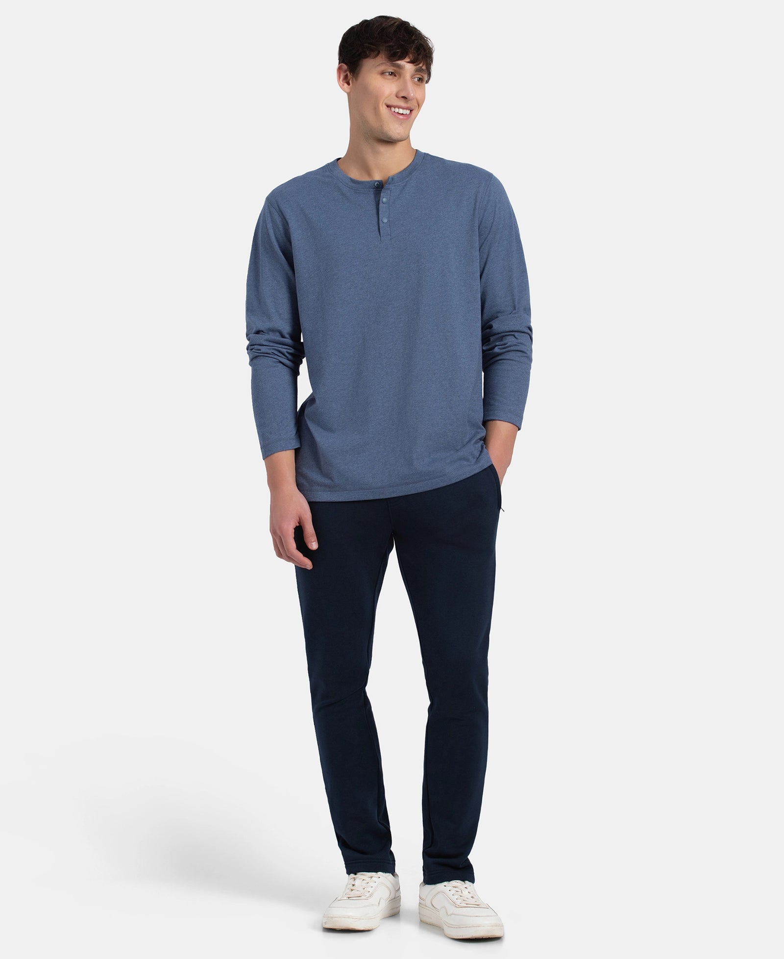 Super Combed Cotton Rich Solid Full Sleeve Henley T-Shirt - Vintage Indigo Melange