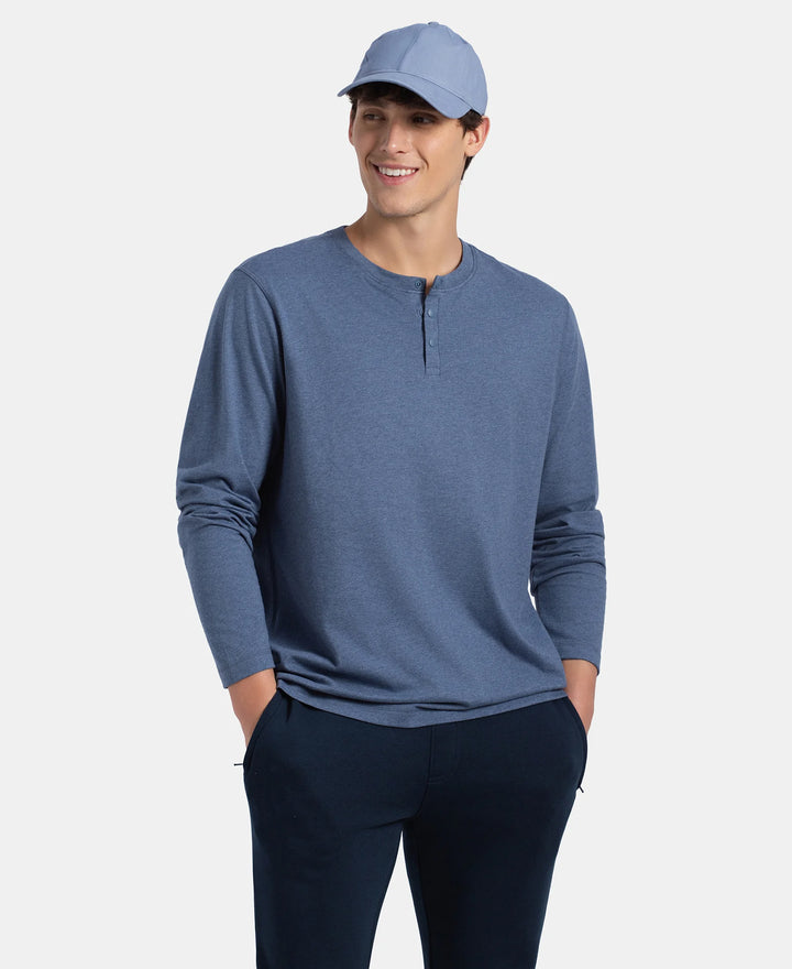 Super Combed Cotton Rich Solid Full Sleeve Henley T-Shirt - Vintage Indigo Melange