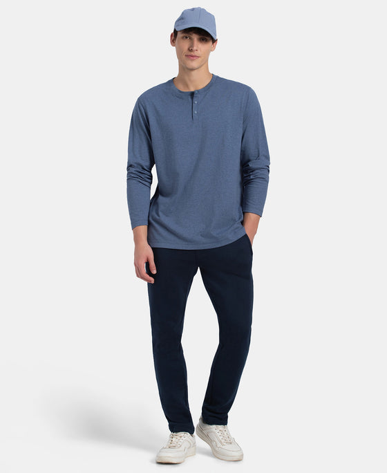 Super Combed Cotton Rich Solid Full Sleeve Henley T-Shirt - Vintage Indigo Melange