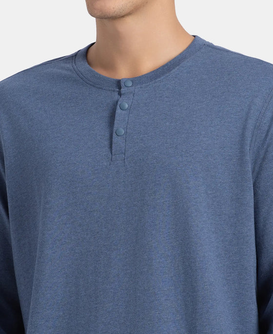 Super Combed Cotton Rich Solid Full Sleeve Henley T-Shirt - Vintage Indigo Melange