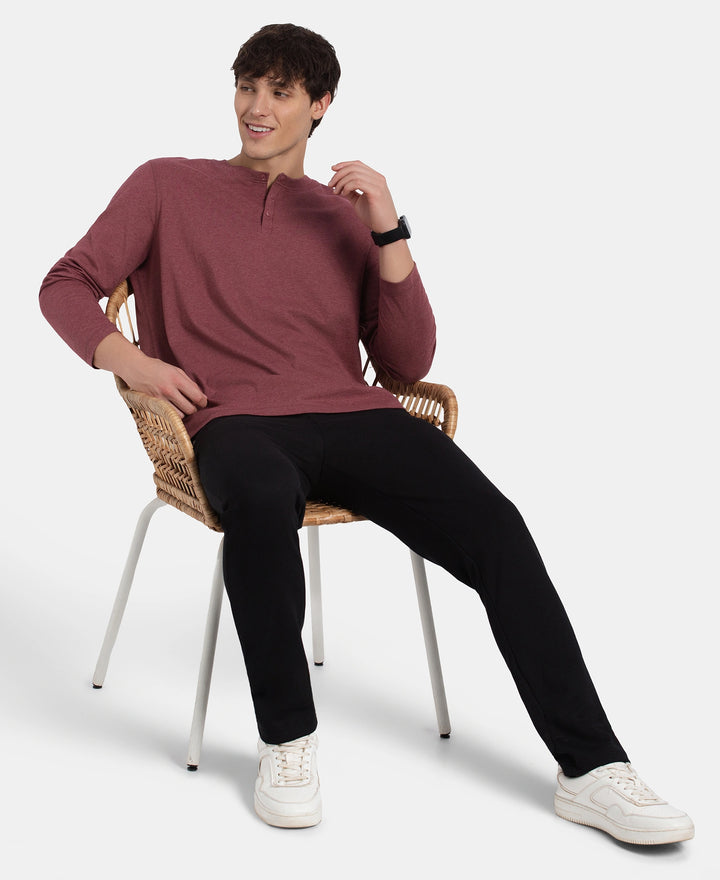 Super Combed Cotton Rich Solid Full Sleeve Henley T-Shirt - Wild Ginger Melange