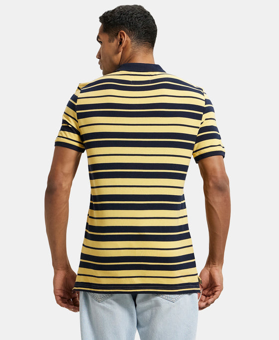 Super Combed Cotton Rich Striped Polo T-Shirt - Corn Silk & Navy