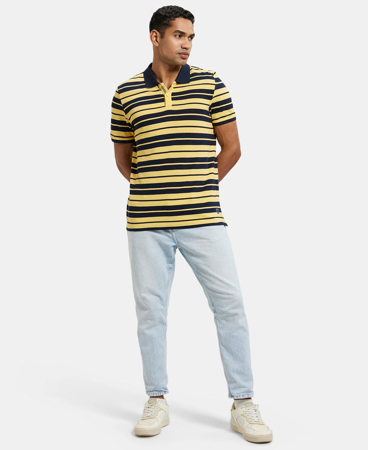 Super Combed Cotton Rich Striped Polo T-Shirt - Corn Silk & Navy