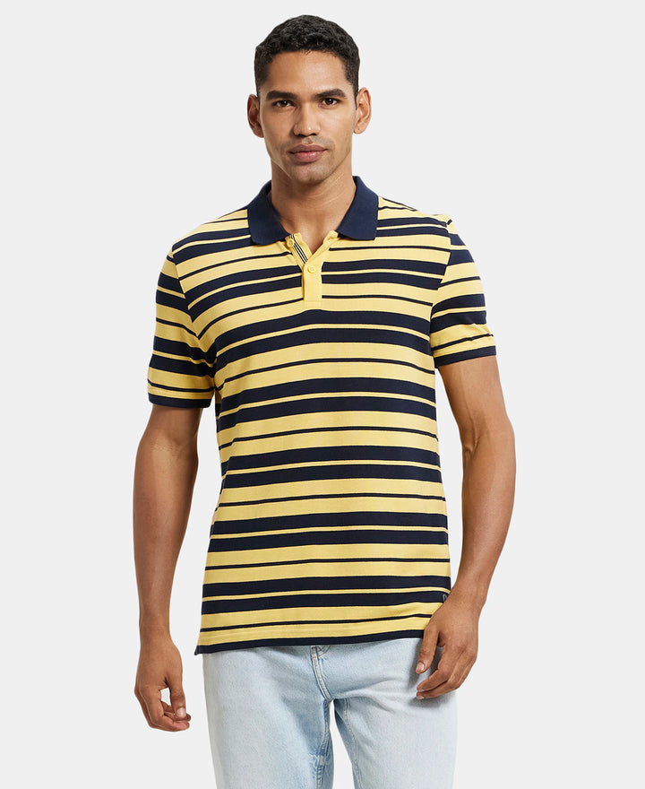 Super Combed Cotton Rich Striped Polo T-Shirt - Corn Silk & Navy