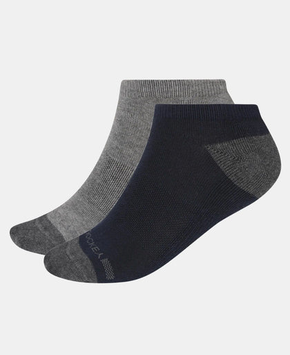 Cotton Nylon Blend Elastane Stretch Solid Low Show Socks with StayFresh Treatment - Navy & Mid Grey Melange (Pack of 2)
