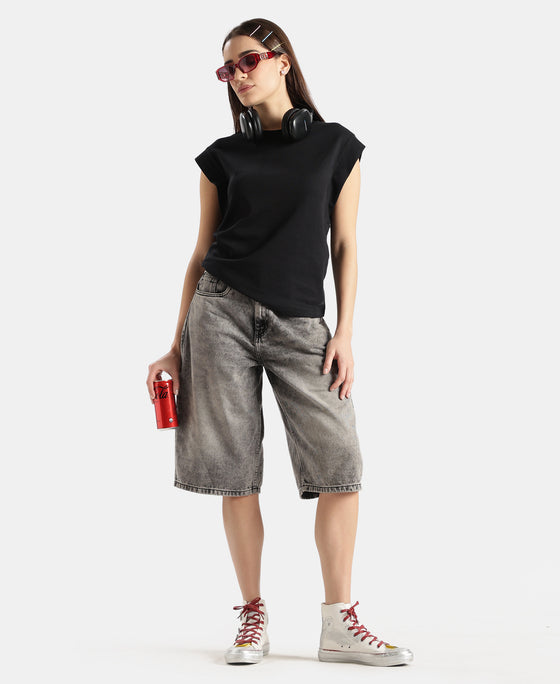 Super Combed Cotton Rich Hybrid Tank Top with Ribbed Sleeves - Deep Black