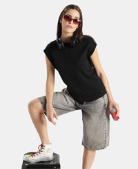 Super Combed Cotton Rich Hybrid Tank Top with Ribbed Sleeves - Deep Black