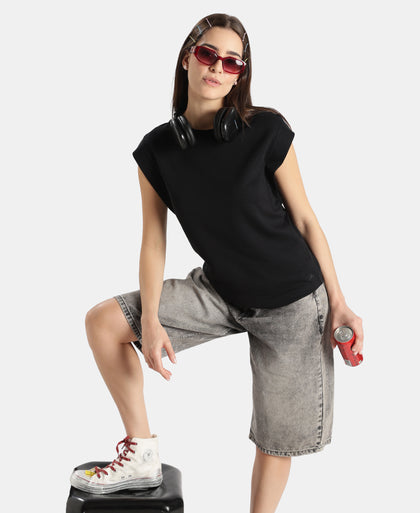 Super Combed Cotton Rich Hybrid Tank Top with Ribbed Sleeves - Deep Black