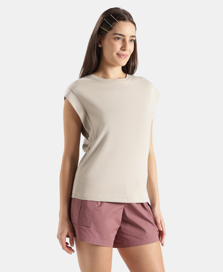 Super Combed Cotton Rich Hybrid Tank Top with Ribbed Sleeves - Dove