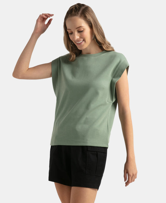 Super Combed Cotton Rich Hybrid Tank Top with Ribbed Sleeves - Lily Pad