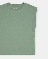 Super Combed Cotton Rich Hybrid Tank Top with Ribbed Sleeves - Lily Pad