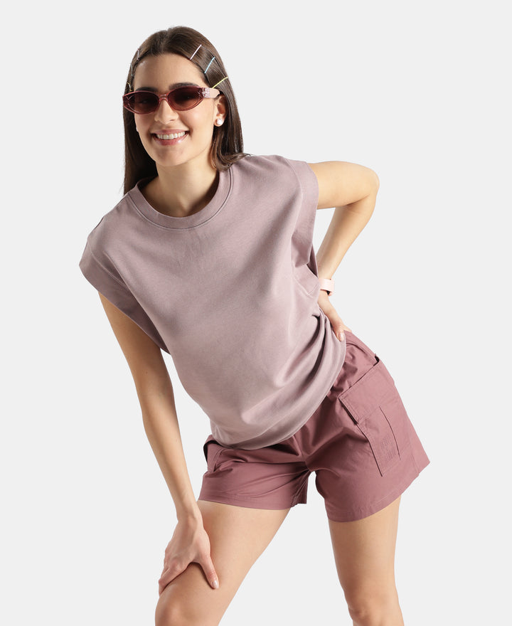 Super Combed Cotton Rich Hybrid Tank Top with Ribbed Sleeves - Quail