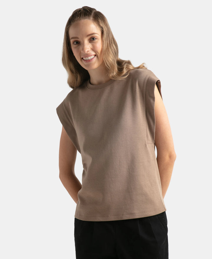 Super Combed Cotton Rich Hybrid Tank Top with Ribbed Sleeves - Taupe Grey