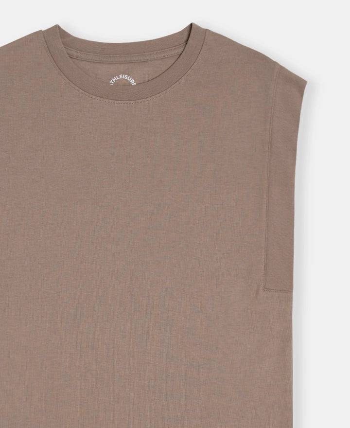 Super Combed Cotton Rich Hybrid Tank Top with Ribbed Sleeves - Taupe Grey