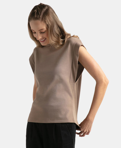 Super Combed Cotton Rich Hybrid Tank Top with Ribbed Sleeves - Taupe Grey