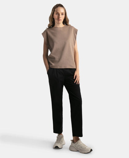 Super Combed Cotton Rich Hybrid Tank Top with Ribbed Sleeves - Taupe Grey