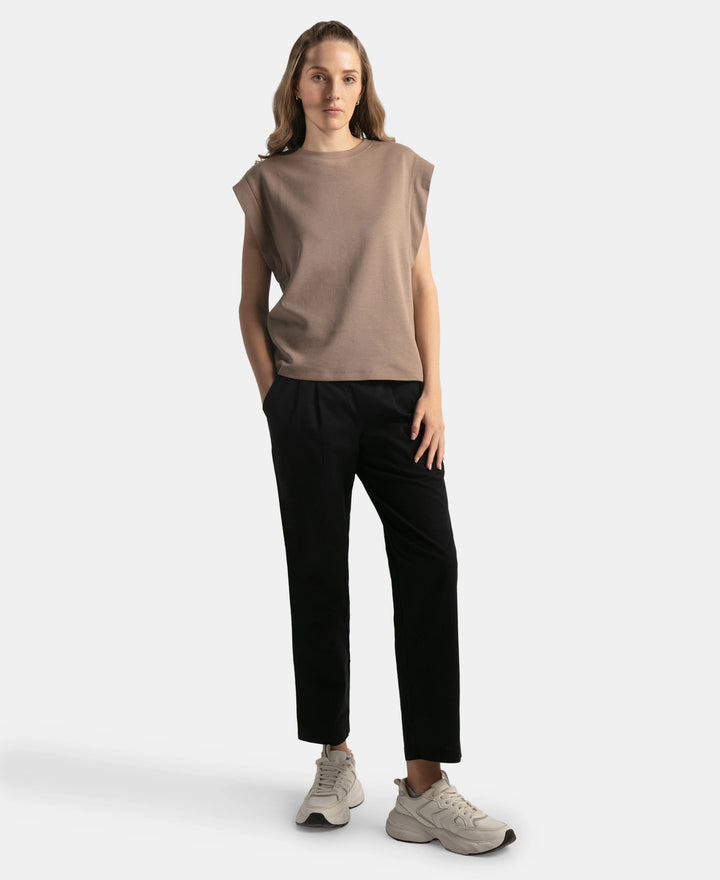 Super Combed Cotton Rich Hybrid Tank Top with Ribbed Sleeves - Taupe Grey