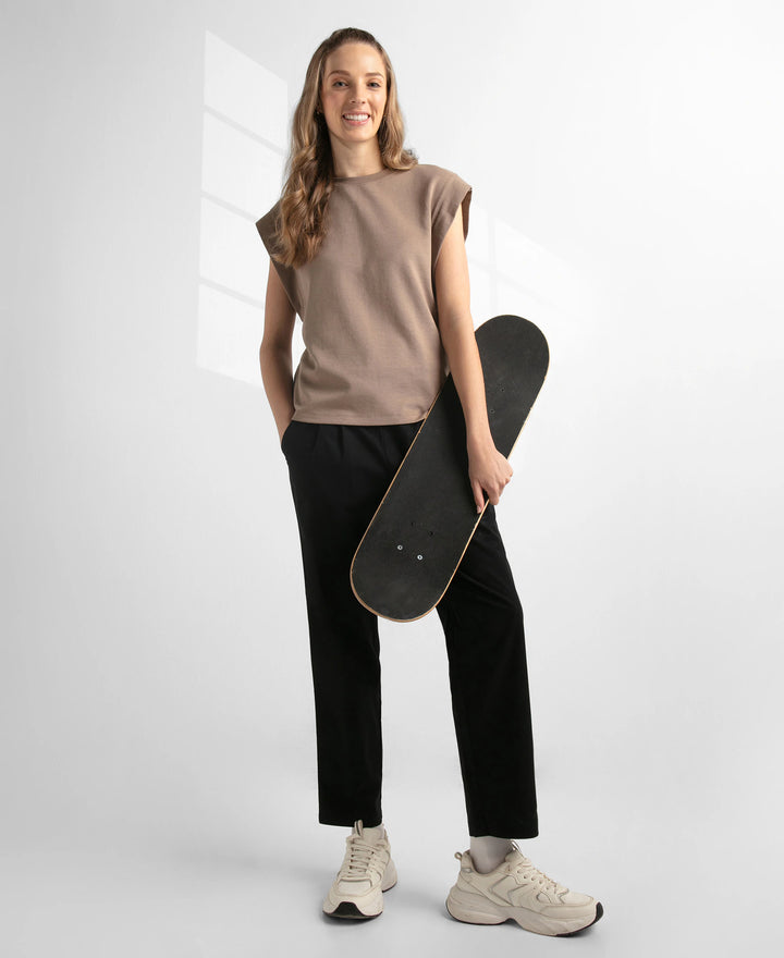 Super Combed Cotton Rich Hybrid Tank Top with Ribbed Sleeves - Taupe Grey