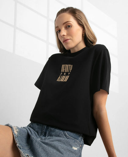 Super Combed Cotton Rich Oversized Printed T-Shirt with Drop Shoulder Styling - Deep Black
