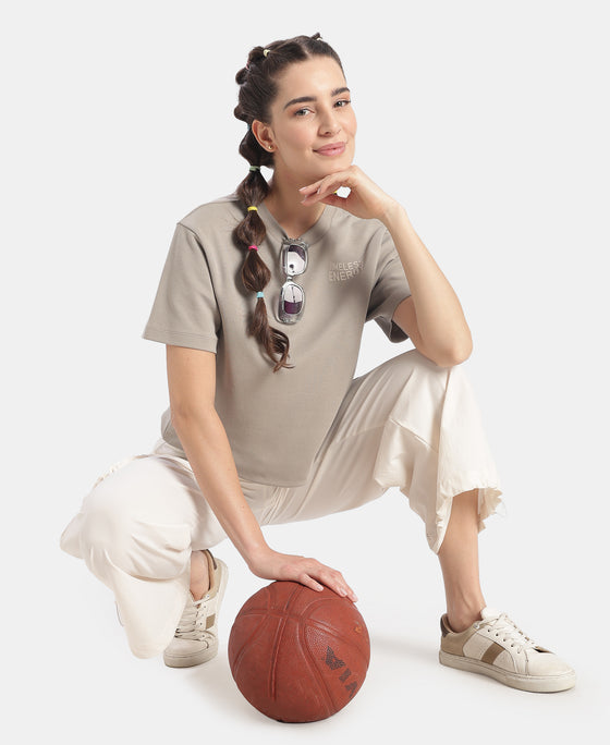 Super Combed Cotton Rich Oversized Graphic Print T-Shirt with Drop Shoulder Styling - Stone
