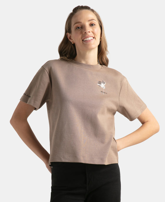 Super Combed Cotton Rich Oversized Graphic Print T-Shirt with Drop Shoulder Styling - Taupe Grey