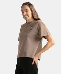 Super Combed Cotton Rich Oversized Graphic Print T-Shirt with Drop Shoulder Styling - Taupe Grey