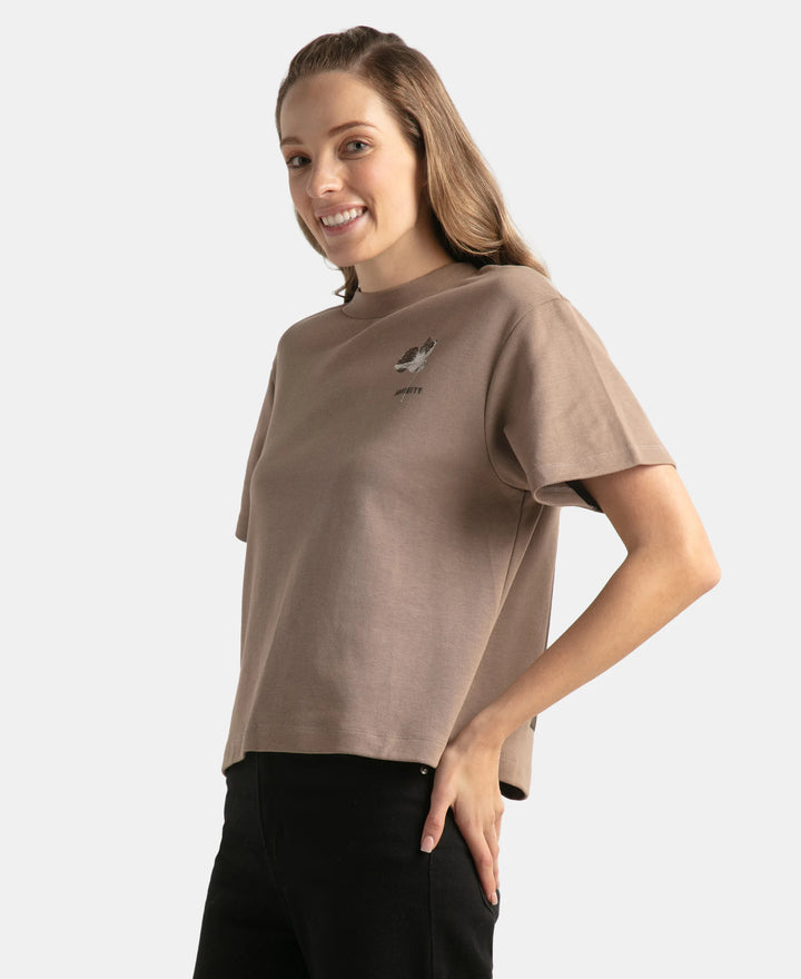 Super Combed Cotton Rich Oversized Graphic Print T-Shirt with Drop Shoulder Styling - Taupe Grey