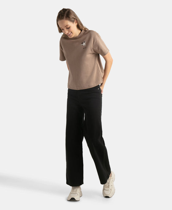 Super Combed Cotton Rich Oversized Graphic Print T-Shirt with Drop Shoulder Styling - Taupe Grey